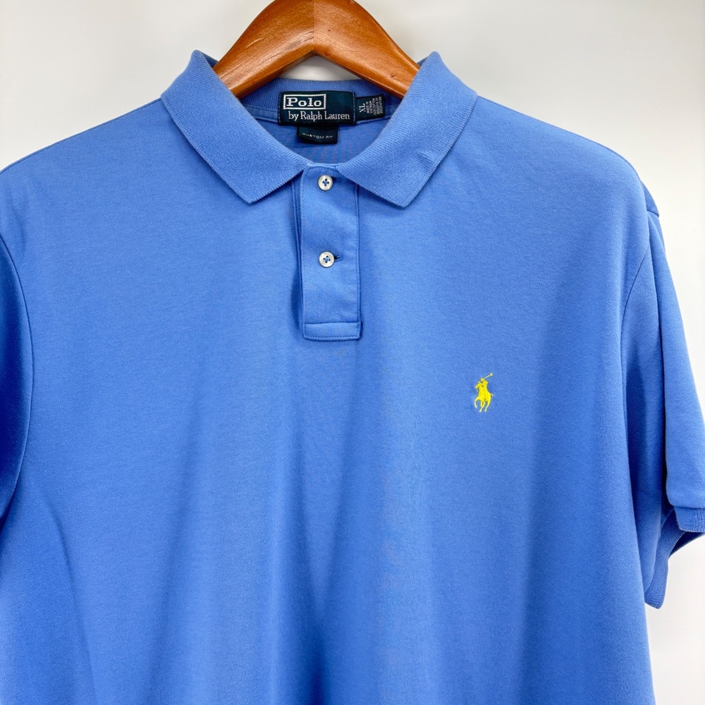 Polo Ralph Lauren Mens XL Custom Fit Short Sleeve Polo Shirt Blue Yellow Pony - Picture 2 of 9
